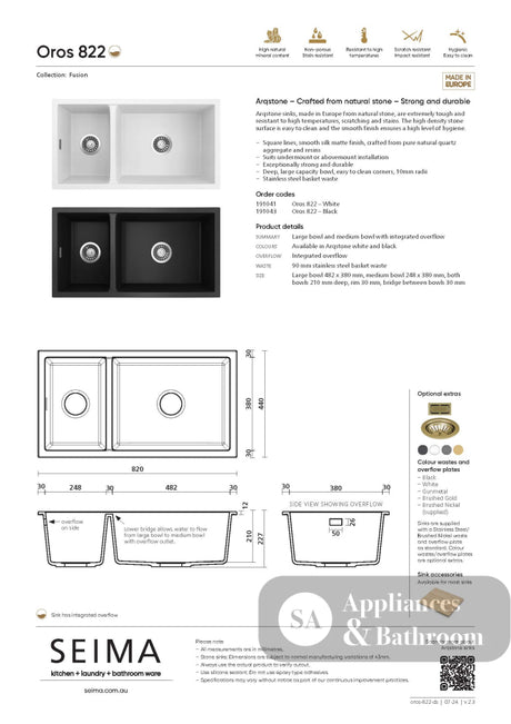 Seima 191041 Oros Arqstone 822 Sink Abovemount/Undermount No Taphole White 820 x 440mm - Sinks