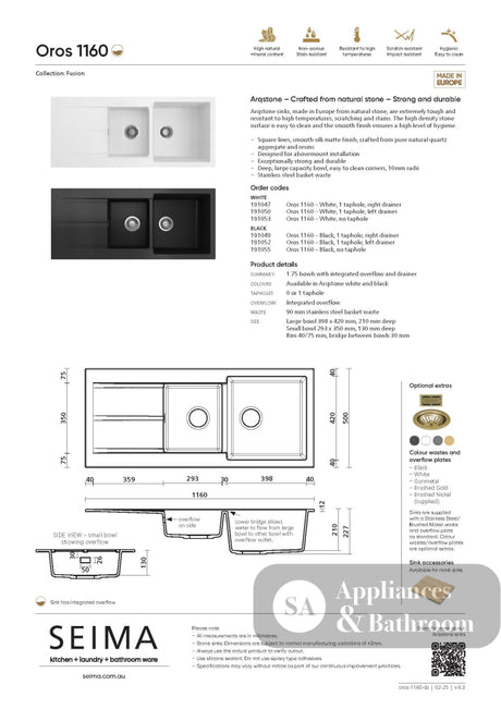Seima 191050 Oros Sink Abovemount Left Hand Drainer One Taphole White 1160 x 500mm - Sinks