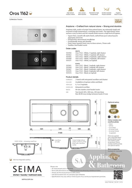 Seima 191062 Oros Sink Abovemount Left Hand Drainer One Taphole White 1160mm x 500mm - Sinks