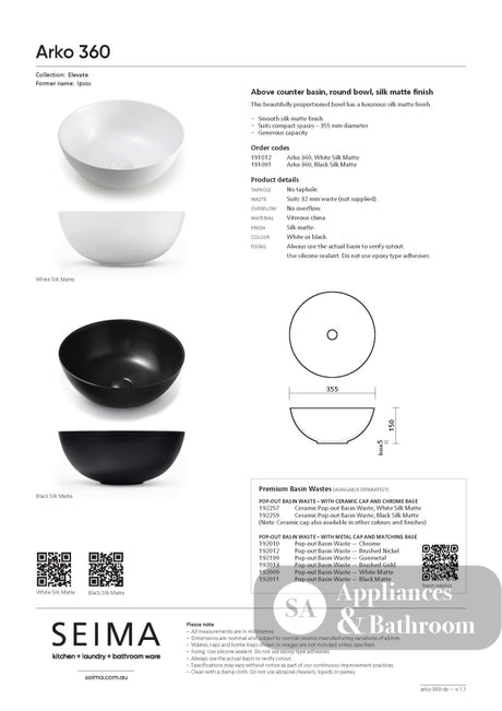 Seima 191091 Arko Above Counter Basin Black Silk No Taphole - Basins