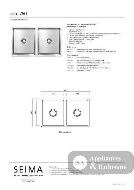 Seima 191332 Leto 750 Double Bowl Sink Abovemount/Undermount Stainless Steel - Sinks