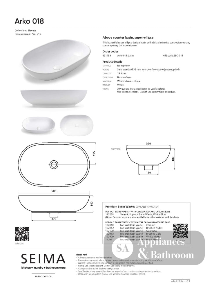 Seima 191453 Arko 018 Above Counter Basin 585mm No Taphole White - Basins