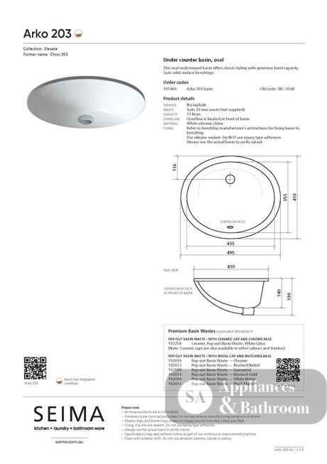 Seima 191469 Arko 203 Undermount Basin with Overflow White No Taphole - Basins