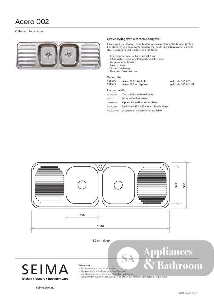 Seima 191575 Acero 002 Double Bowl & Double Drainer Sink One Taphole - Sinks