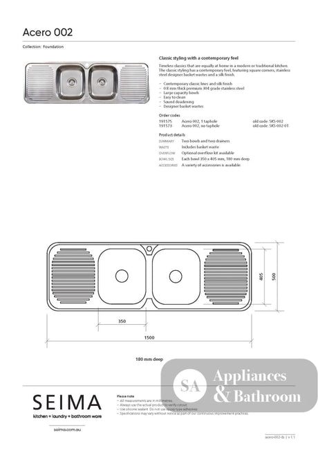 Seima 191575 Acero 002 Double Bowl & Double Drainer Sink One Taphole - Sinks