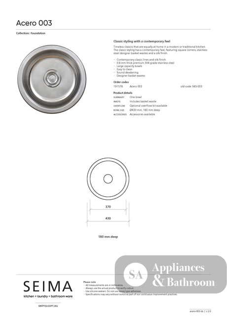 Seima 191578 Acero 003 Single Bowl Round Sink No Taphole - Sinks