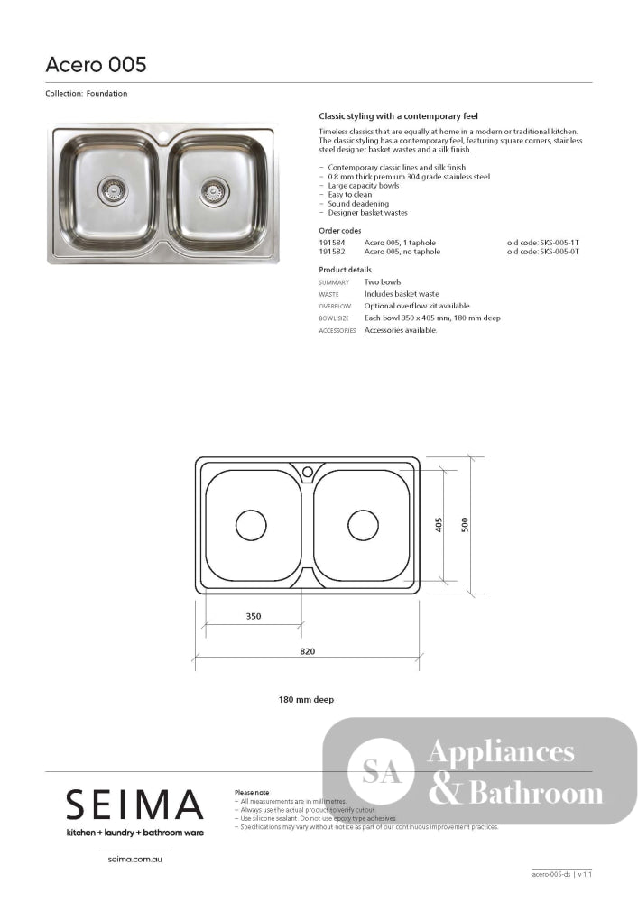 Seima 191584 Acero 005 Double Bowl Sink One Taphole - Sinks
