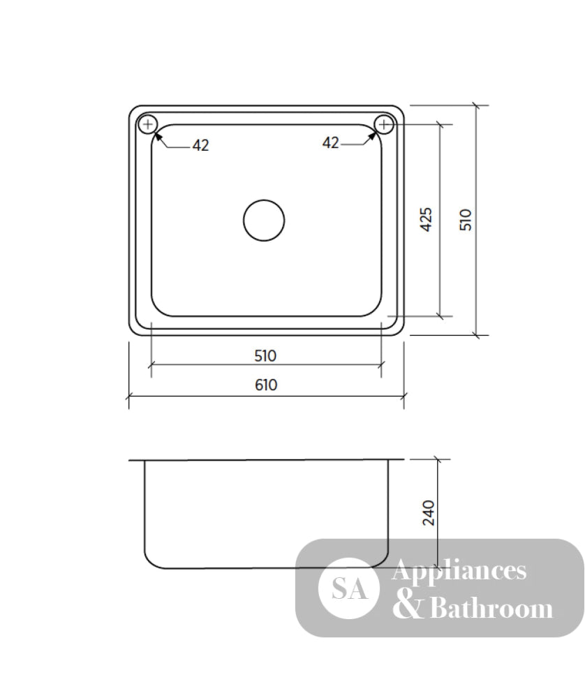 Seima 191596 Acero 007 Single Bowl Sink Abovemount With Overflow (No taphole) Stainless Steel 610x510mm - Sinks