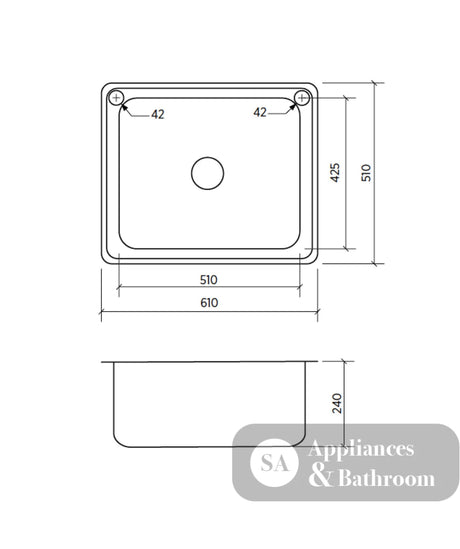 Seima 191602 Acero 007 Single Bowl Sink Abovemount (2 taphole short edge) Stainless Steel 610x510mm - Sinks