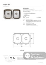 Seima 191605 Acero 210 Double Bowl Sink No Taphole - Sinks
