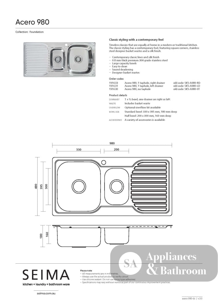 Seima 191631 Acero A980 1.5 Bowl Sink with Left Hand Drainer One Taphole - Sinks