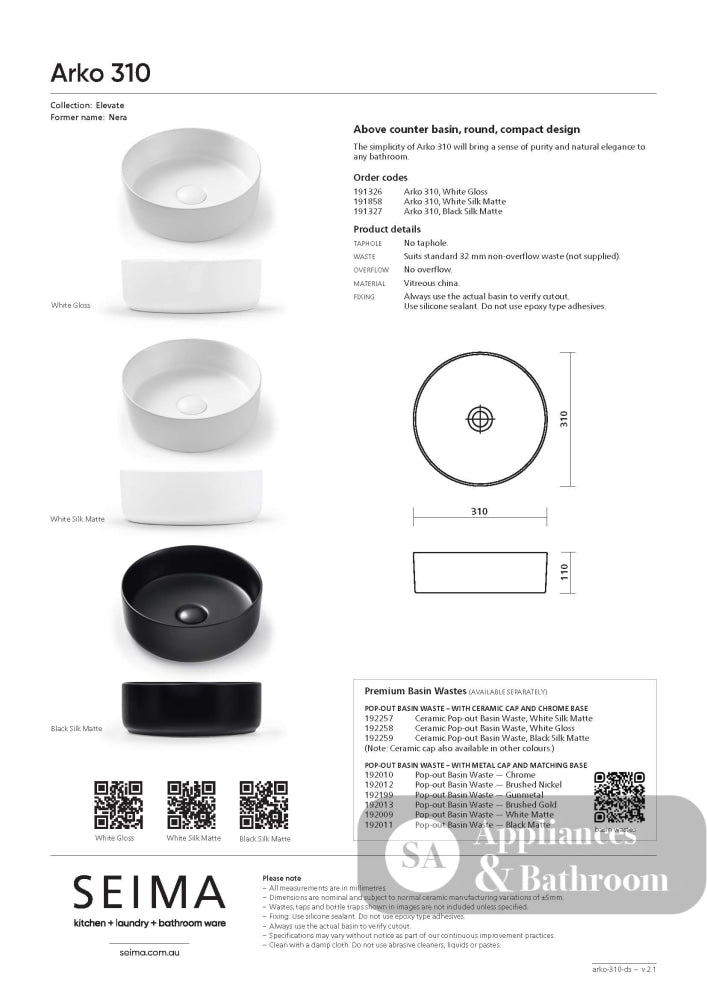 Seima 191858 Arko Above Counter Basin Matte White Silk - Basins