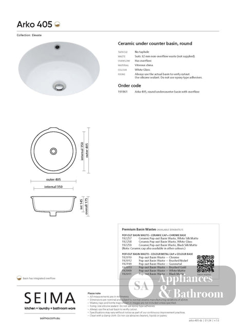 Seima 191861 Arko 405 Undermount Basin with Overflow 405x405mm (No Taphole) Gloss White - Basins