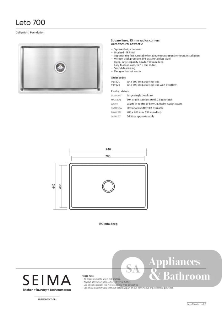 Seima 191876 Leto 700 Single Bowl Sink Stainless Steel - Sinks