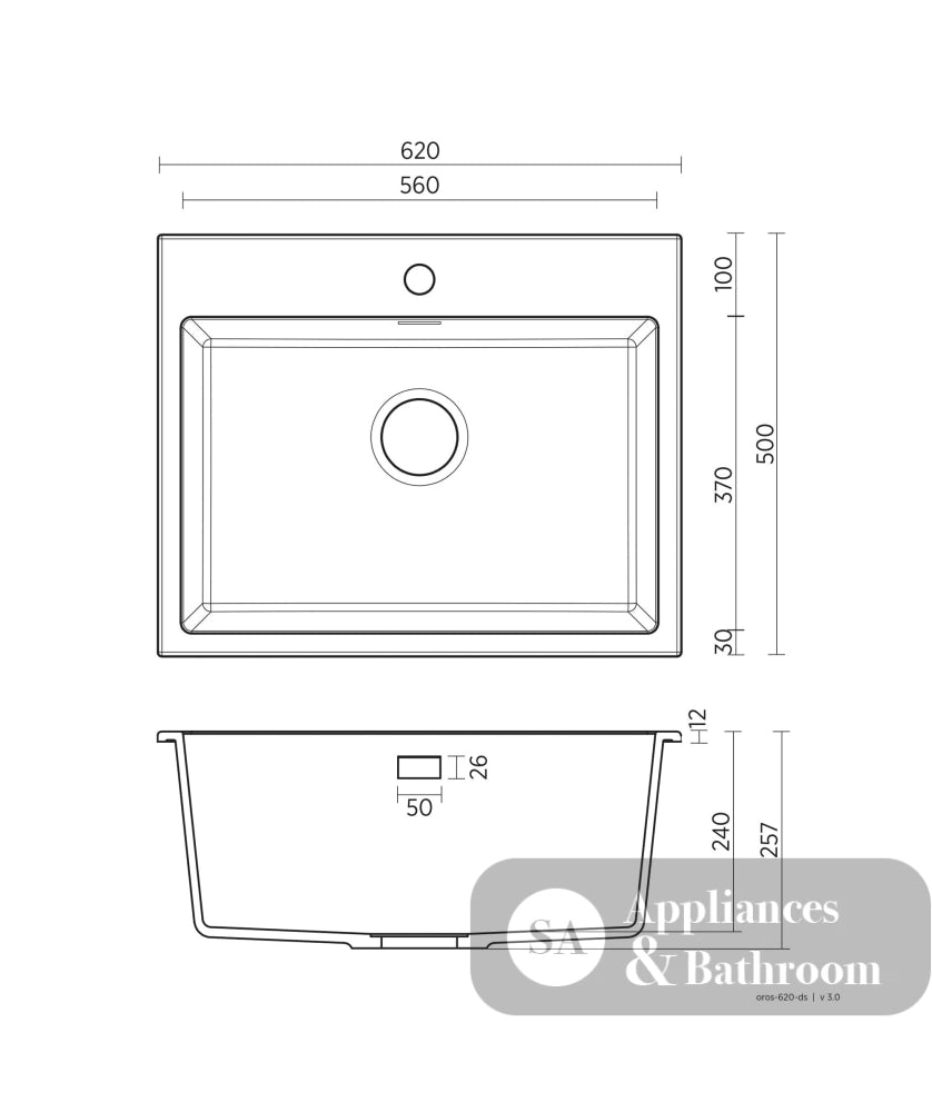 Seima 191984 Oros Sink Abovemount,One Taphole White 620 x 500mm - Sinks