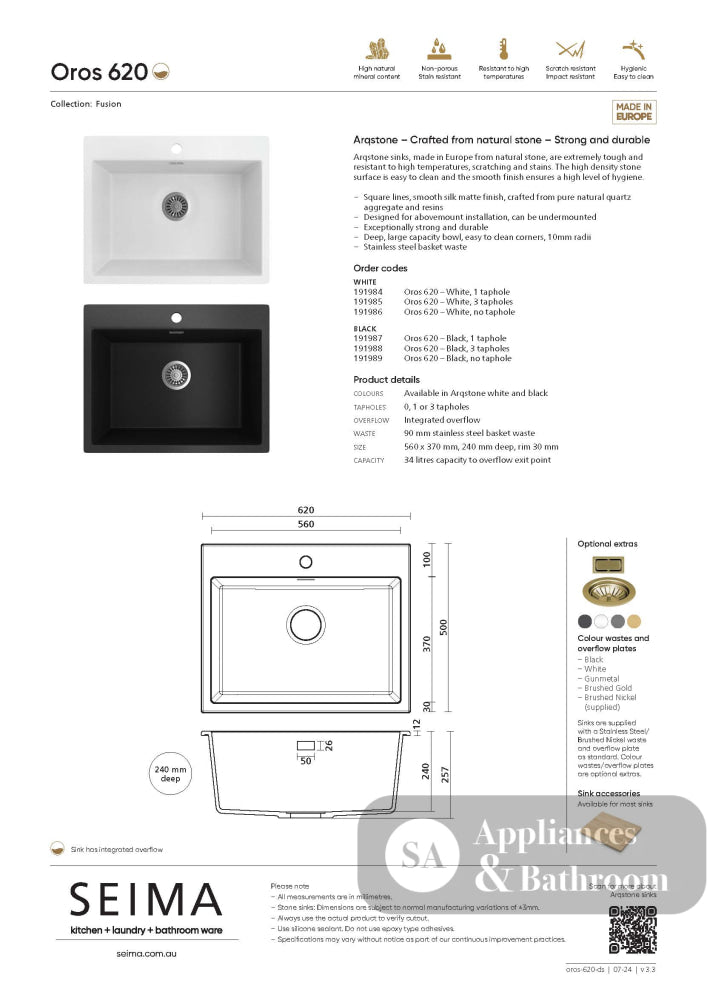 Seima 191985 Oros Sink 3 Taphole White 620x500mm - Sinks