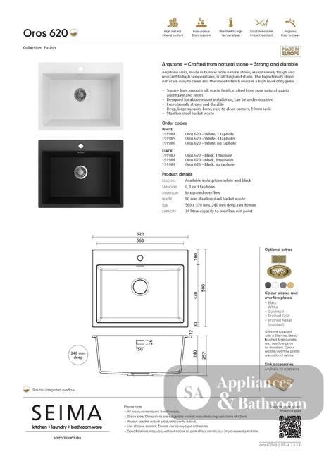 Seima 191985 Oros Sink 3 Taphole White 620x500mm - Sinks