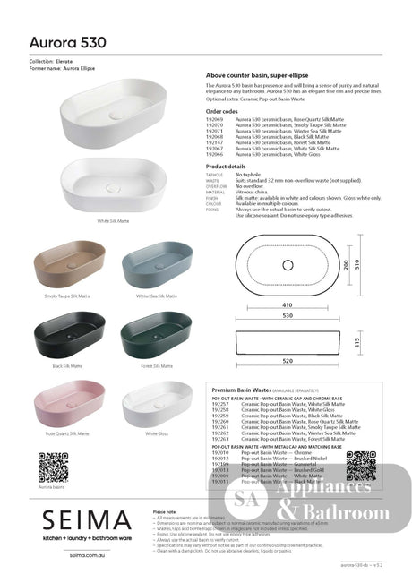 Seima 192147 Aurora 530 Above Counter Ceramic Basin Forest - Basins