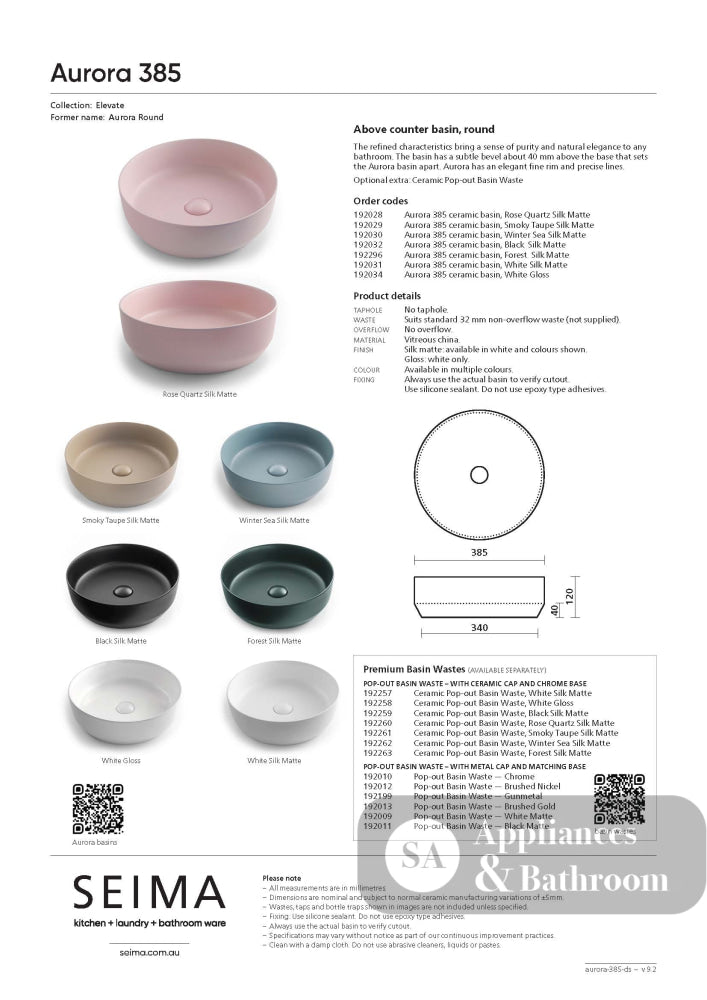 Seima 192296 Aurora 385 Above Counter Ceramic Basin Forest - Basins