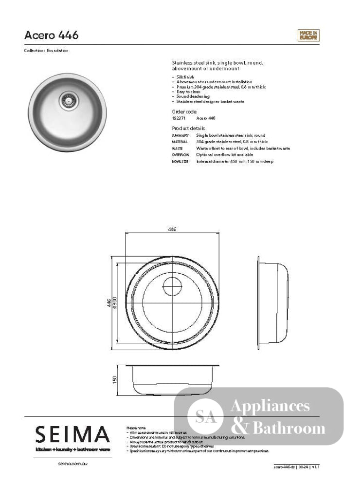 Seima 192371 Acero 446 Sink Abovemount or Undermount Stainless Steel - Sinks