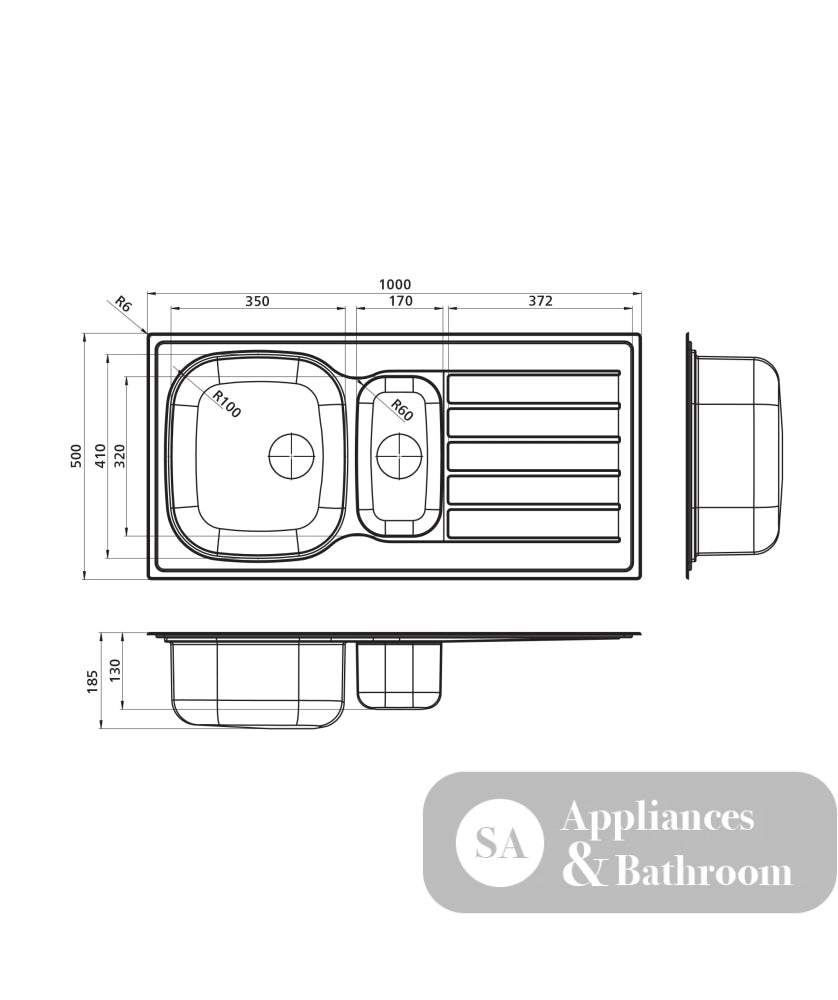 Seima 192385 Acero 1000 Topmount Sink 1 & 1/2 Bowl w/ Right Hand Drainer (No Taphole) Stainless Steel 1000x500mm - Sinks