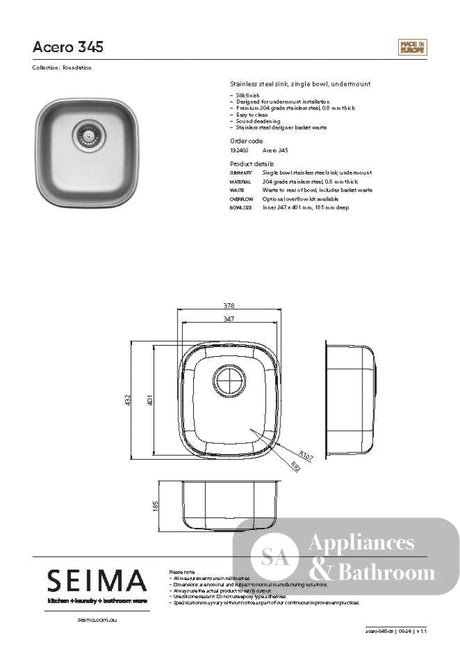 Seima 192403 Acero 345 Sink Undermount Stainless Steel - Sinks