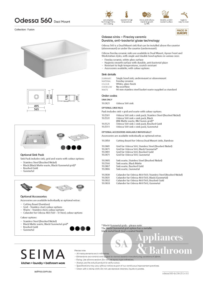 Seima 192501 Odessa 560 Ceramic Butler Sink Single Bowl 565x460mm Abovemount/Undermount White Gloss with Stainless