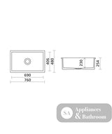 Seima 192502 Odessa 760 Ceramic Butler Sink Single Bowl 760x480mm Abovemount/Undermount White Gloss with Stainless