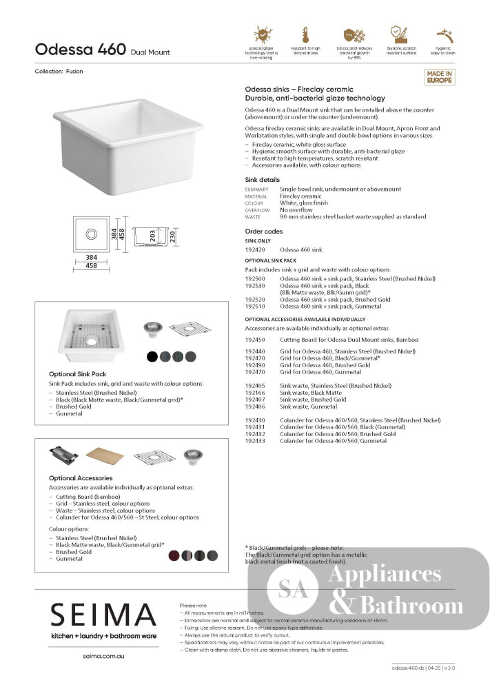 Seima 192510 Odessa 460 Ceramic Butler Sink Single Bowl 460x460mm Abovemount/Undermount White Gloss with Brushed