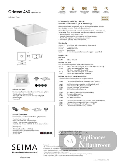 Seima 192510 Odessa 460 Ceramic Butler Sink Single Bowl 460x460mm Abovemount/Undermount White Gloss with Brushed