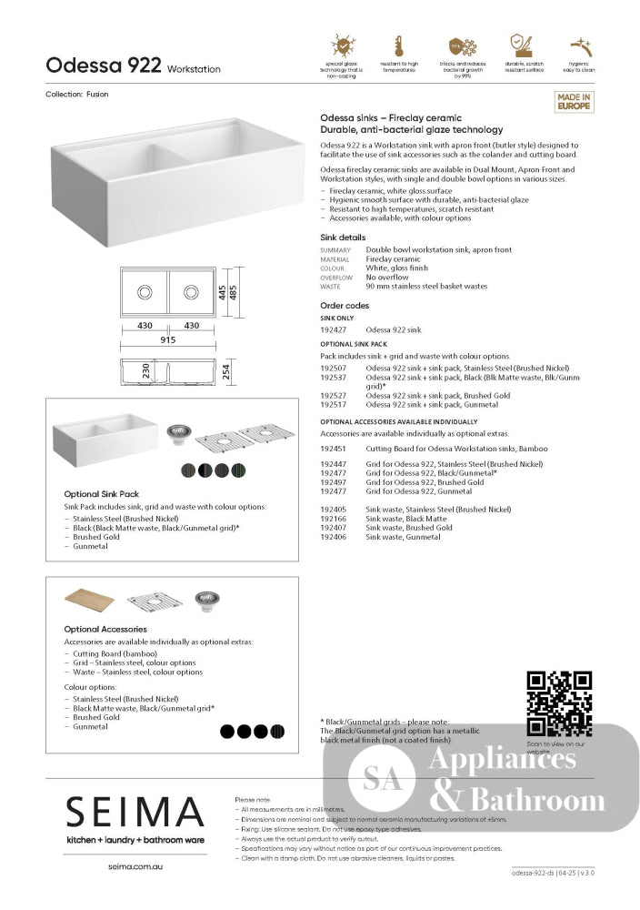 Seima 192517 Odessa 922 Ceramic Butler Sink Double Bowl 915x485mm Workstation White Gloss with Gunmetal Basket Waste &