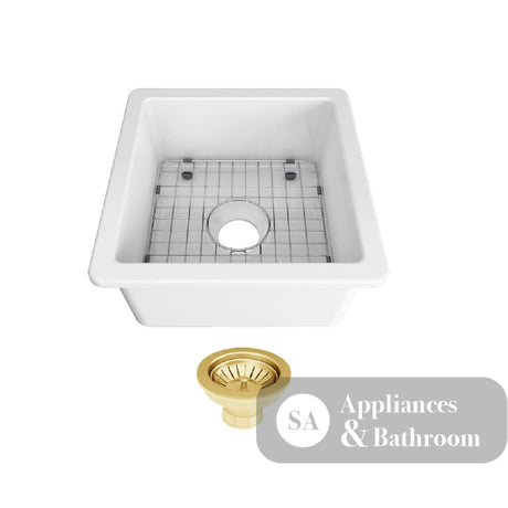 Seima 192520 Odessa 460 Ceramic Butler Sink Single Bowl 460x460mm Abovemount/Undermount White Gloss with Brushed Gold