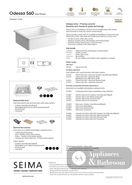 Seima 192521 Odessa 560 Ceramic Butler Sink Single Bowl 565x460mm Abovemount/Undermount White Gloss with Brushed Gold