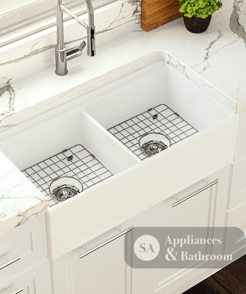 Seima 192527 Odessa 922 Ceramic Butler Sink Double Bowl 915x485mm Workstation White Gloss with Brushed Gold Waste &