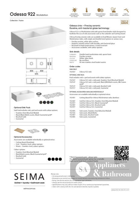 Seima 192527 Odessa 922 Ceramic Butler Sink Double Bowl 915x485mm Workstation White Gloss with Brushed Gold Waste &