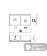 Seima 192527 Odessa 922 Ceramic Butler Sink Double Bowl 915x485mm Workstation White Gloss with Brushed Gold Waste &