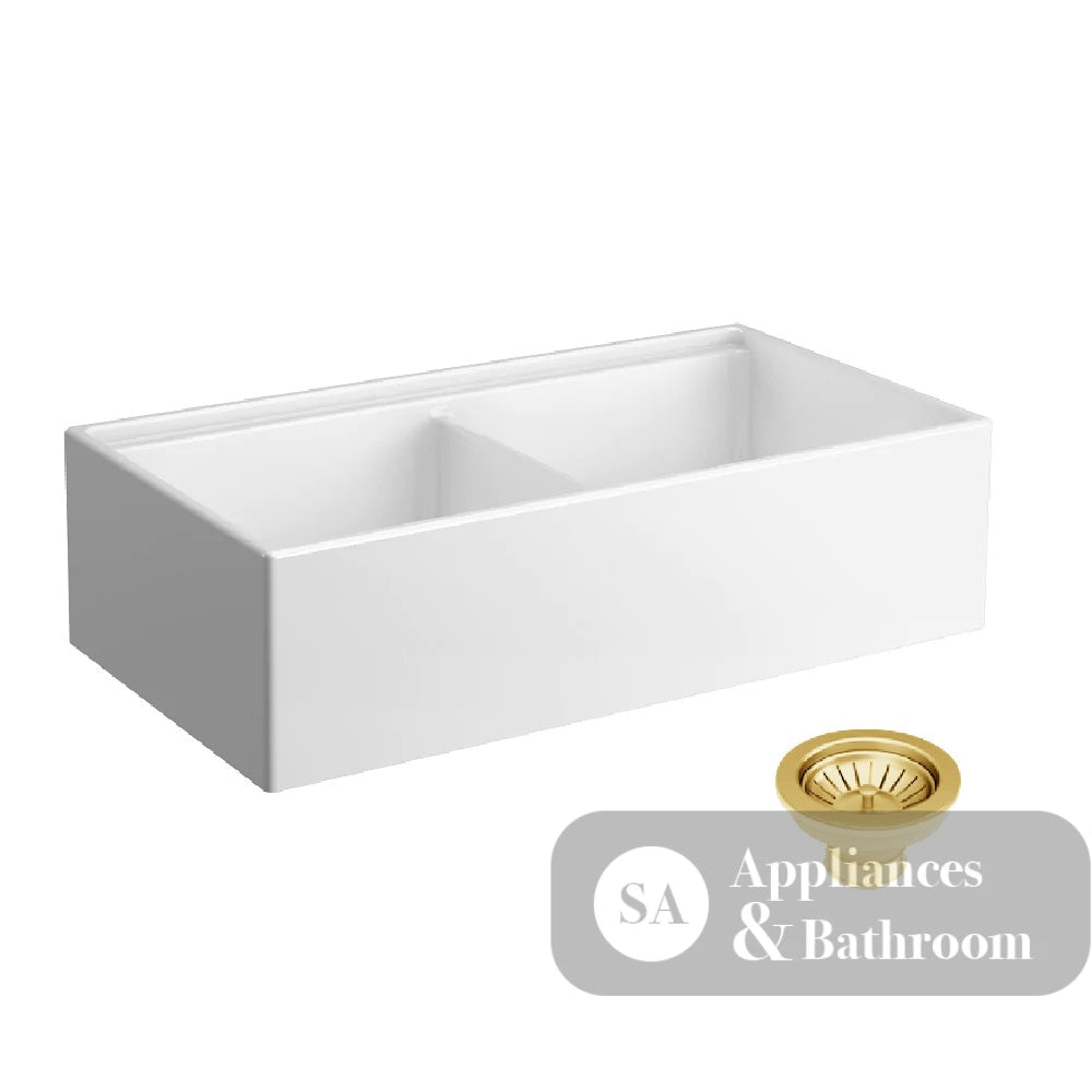 Seima 192527 Odessa 922 Ceramic Butler Sink Double Bowl 915x485mm Workstation White Gloss with Brushed Gold Waste &