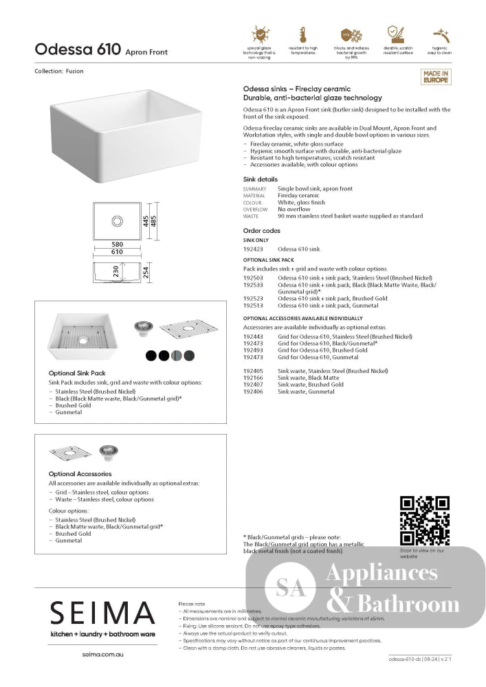 Seima 192533 Odessa 610 Ceramic Butler Sink Single Bowl 610x485mm Abovemount/Undermount White Gloss with Black Basket