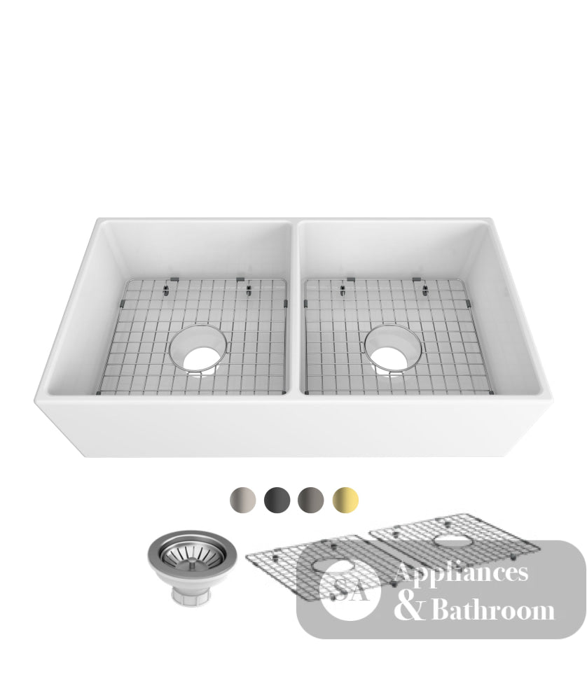 Seima 192535 Odessa 915 Ceramic Butler Sink Double Bowl 915x485mm Apron Front White Gloss with Black Basket Waste &