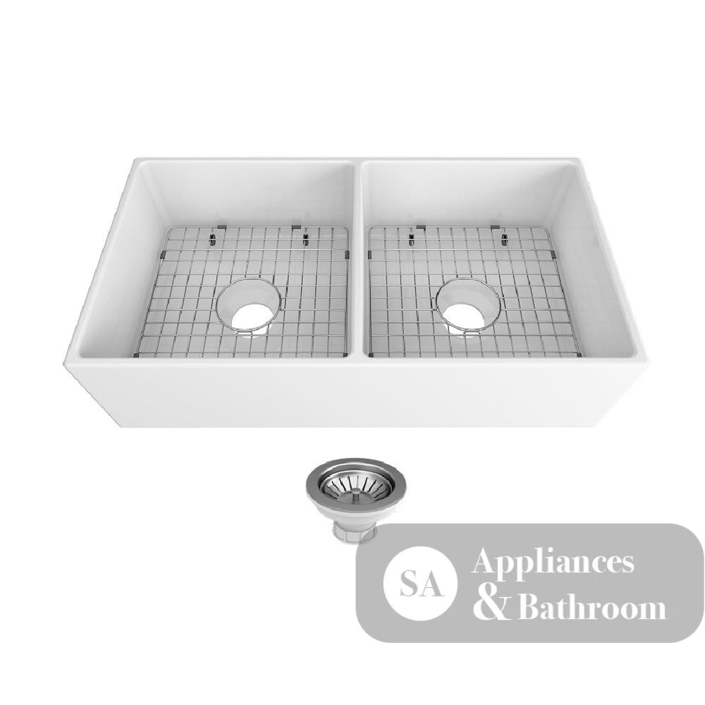 Seima 192535 Odessa 915 Ceramic Butler Sink Double Bowl 915x485mm Apron Front White Gloss with Black Basket Waste &