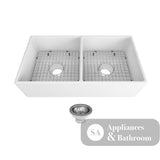 Seima 192535 Odessa 915 Ceramic Butler Sink Double Bowl 915x485mm Apron Front White Gloss with Black Basket Waste &