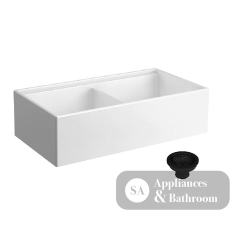 Seima 192537 Odessa 922 Ceramic Butler Sink Double Bowl 915x485mm Workstation White Gloss with Black Basket Waste &