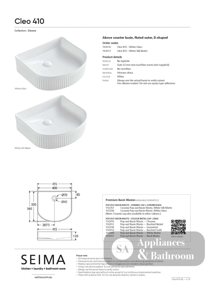 Seima 192616 Cleo 410 Fluted D-Shape Above Counter Basin 415x365mm Gloss White - Above Counter Basins