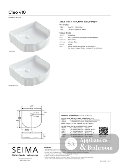 Seima 192616 Cleo 410 Fluted D-Shape Above Counter Basin 415x365mm Gloss White - Above Counter Basins