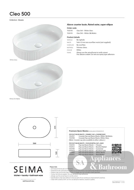 Seima 192618 Cleo 500 Fluted Oval Above Counter Basin 500x315mm Gloss White - Above Counter Basins