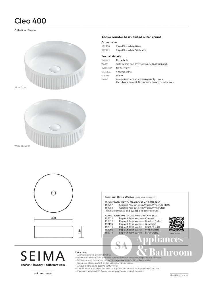 Seima 192620 Cleo 400 Fluted Round Above Counter Basin 400x400mm Gloss White - Above Counter Basins