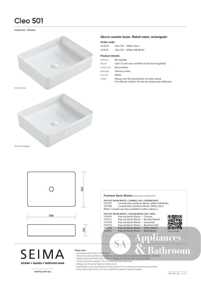 Seima 192625 Cleo 501 Fluted Rectangle Above Counter Basin 500x360mm Matte White - Above Counter Basins