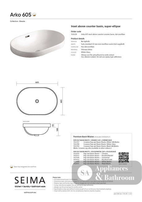 Seima 192628 Arko 605 Semi-Inset Basin with Overflow 605x405mm (No taphole) Gloss White - Basins