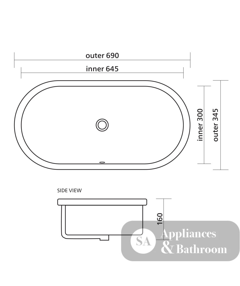 Seima 192630 Arko 680 Undermount Super Ellipse Basin with Overflow 680x345mm (No Taphole) Gloss White - Basins