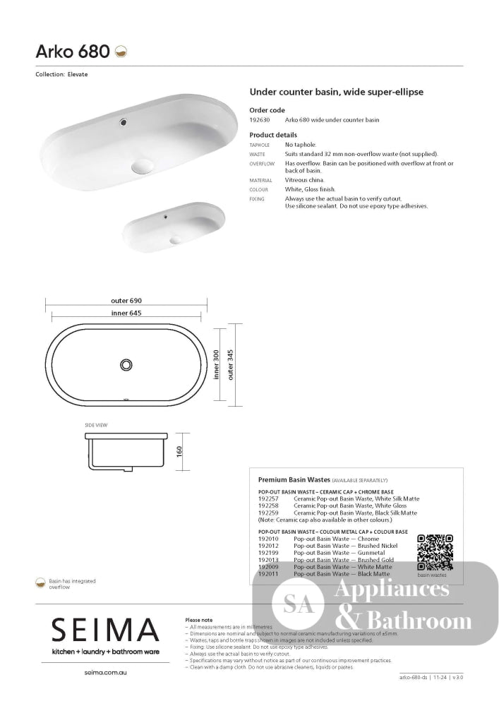 Seima 192630 Arko 680 Undermount Super Ellipse Basin with Overflow 680x345mm (No Taphole) Gloss White - Basins